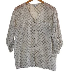 Cabi | Sheer patterned v-neck button front blouse rolled sleeves